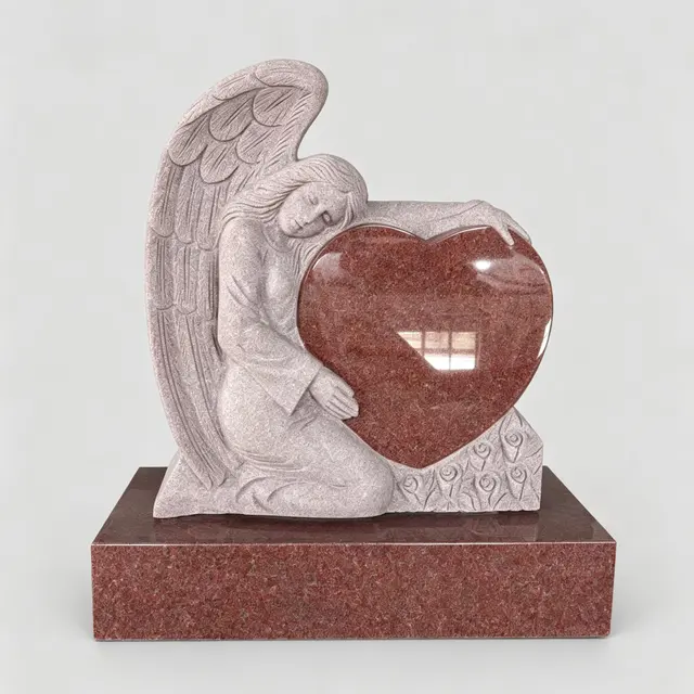 E-611 Upright Headstone with Kneeling Angel and Heart Protector, Red